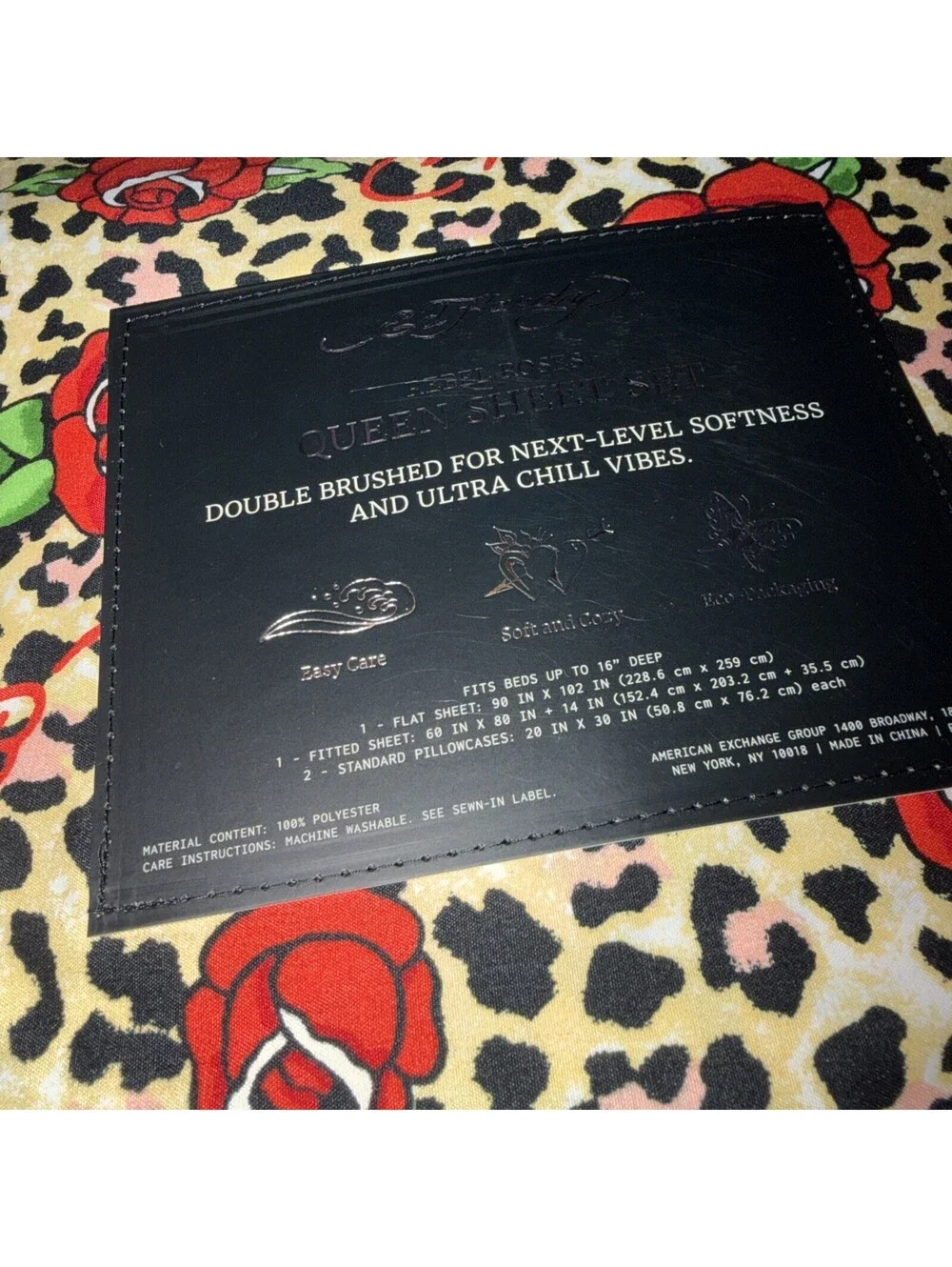 Ed Hardy Leopard Print with Red Roses & Logos 4pm QUEEN Sheet Set NWT